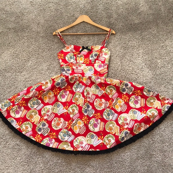 Golightly Red Sugar Skull Party Dress - Picture 1 of 5